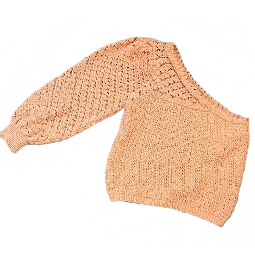 MNG Mango Peach One Shoulder Knit / Crochet Top Sweater XS